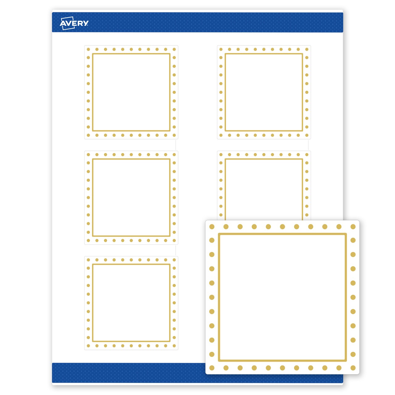 Avery Printable Square Labels, Gold Border with Gold Dots, 3" x 3", Matte White Square Labels, Permanent, Laser/Inkjet, 60ct, Great for Product Labels
